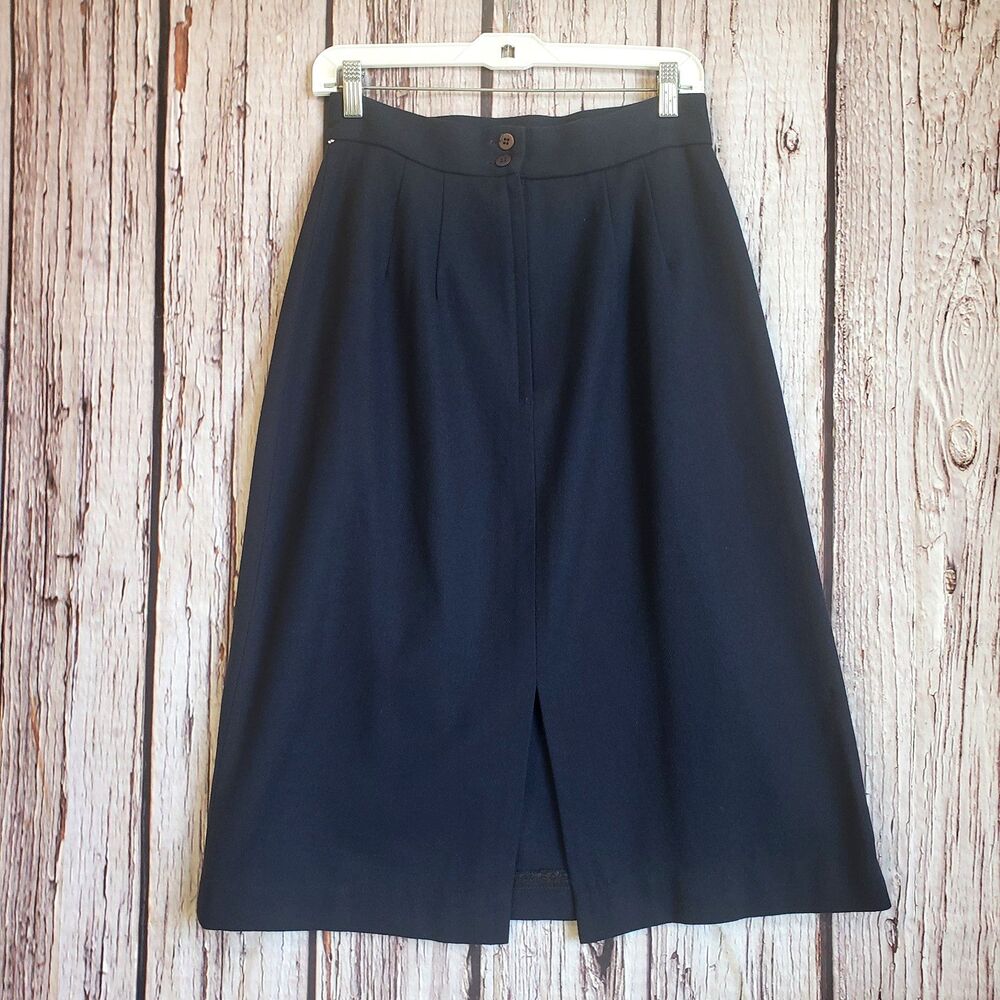 Vintage ann stevens New York 1970s Wool Skirt 14 Women Dark Navy Blue Midi Pleat